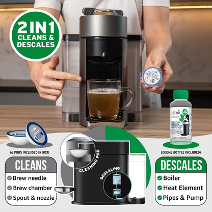 Caffenu Descaling Kit Compatible with Nespresso Vertuo, 2 Uses Descaling Solution and 6 Cleaner Pods. Removes Limescale & Cleans Pod Area. Better Tasting & Hotter Coffee. 4 Months Supply.