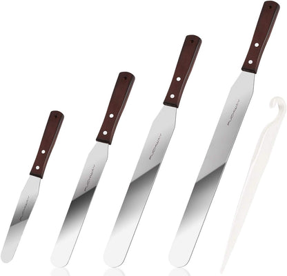 4PCS Cake Decorating Icing Spatula set with 4, 6, 8 & 10 Inch Stainless Steel Blade, Wood Handle Frosting Spatulas and Cake Stripping Tool (Straight Spatulas 4, 6, 8 & 10 Inch)