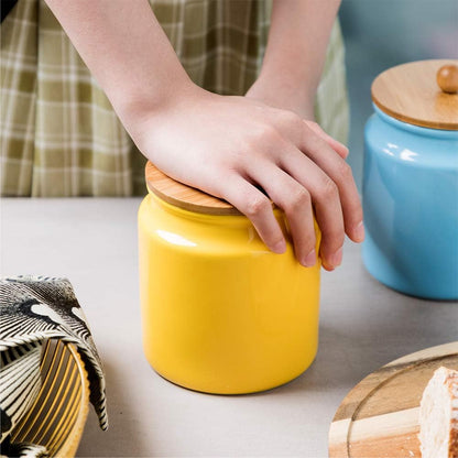 Sweejar Ceramic Kitchen Canisters, 28 FLOZ Porcelain Food Storage Jar with Airtight Seal Wooden Lid, Home Container Serving for Coffee Beans, Tea-leave, Sugar, Salt and More, Tool Bucket (Yellow)