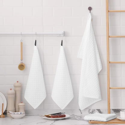 Fintale 100% Cotton Kitchen Towels and Dishcloths Set, 12 x 12 & 15 x 25 Inches, Set of 8 Bulk Super Soft and Absorbent Terry Cloth Dish Towels, Quick Drying Hand Towels with Hanging Loop, White