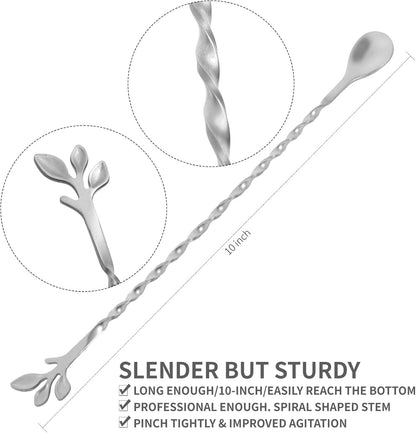 AnSaw Silver 10-Inch Stainless Steel Cocktail Spoon with Leaf Handle - Perfect for Mixing & Layering Drinks in Tall Cups, Bar & Shakers - Durable Long Handle Bar Stirrer,1-Pieces