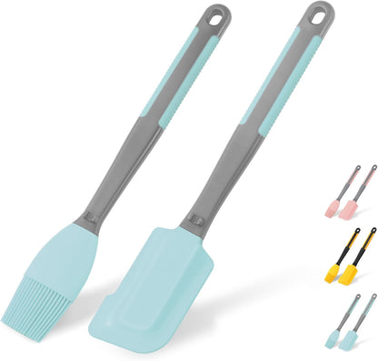 Silicone Basting Brush & Spatula - Extra Long, Heat Resistant, for Baking, Scraping, Mixing, BBQ, Grill, Kitchen, Cooking, Spread Oil, Butter, Sauce (Blue Brush & Spatula)
