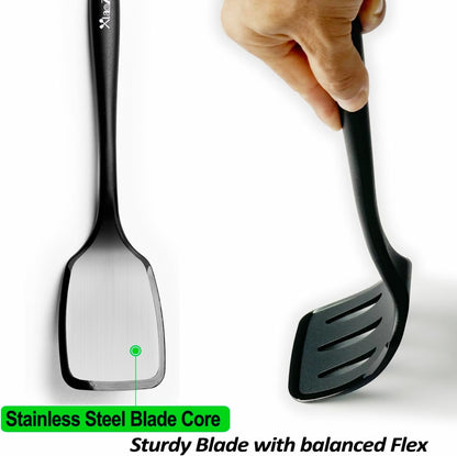 600˚F Heat Resistant Silicone Spatula Set, 13.6" Kitchen Spatula Turners for Non Stick Cookware, Flexible Spatulas with Thin Edges, Seamless Cooking Utensils for Fish, Eggs, Pancakes, BLACK
