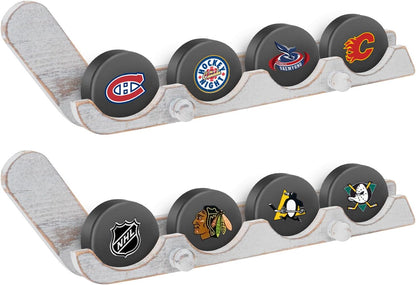 2 Pack Hockey Puck Display Cases Wooden Wall Mount Holder with Hook - Hockey Puck Holder Living Room Stick Decor Accessory for Player Team Gift - Oldwood