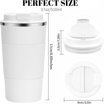 YINBAOGE Insulated Travel Coffee Mug Spill Proof Leak Proof Pobtable To Go Camping Stainless Steel Coffee Tumbler Reusable Coffee Cups with Lids Thermos for Hot and Cold Drink (White, 17 OZ)