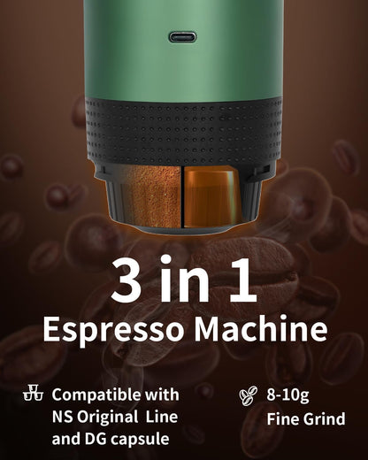 Portable Electric Espresso Machine, Car Coffee Maker for Travel Camping, Battery Powered Coffee Brewer Compatible with Ground Coffee & NS Capsules, Green
