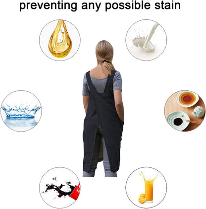 ZQFFB Pinafore Cross Back Apron for Women with Pockets Japanese Smock for Work Gardening Cooking Painting Baking