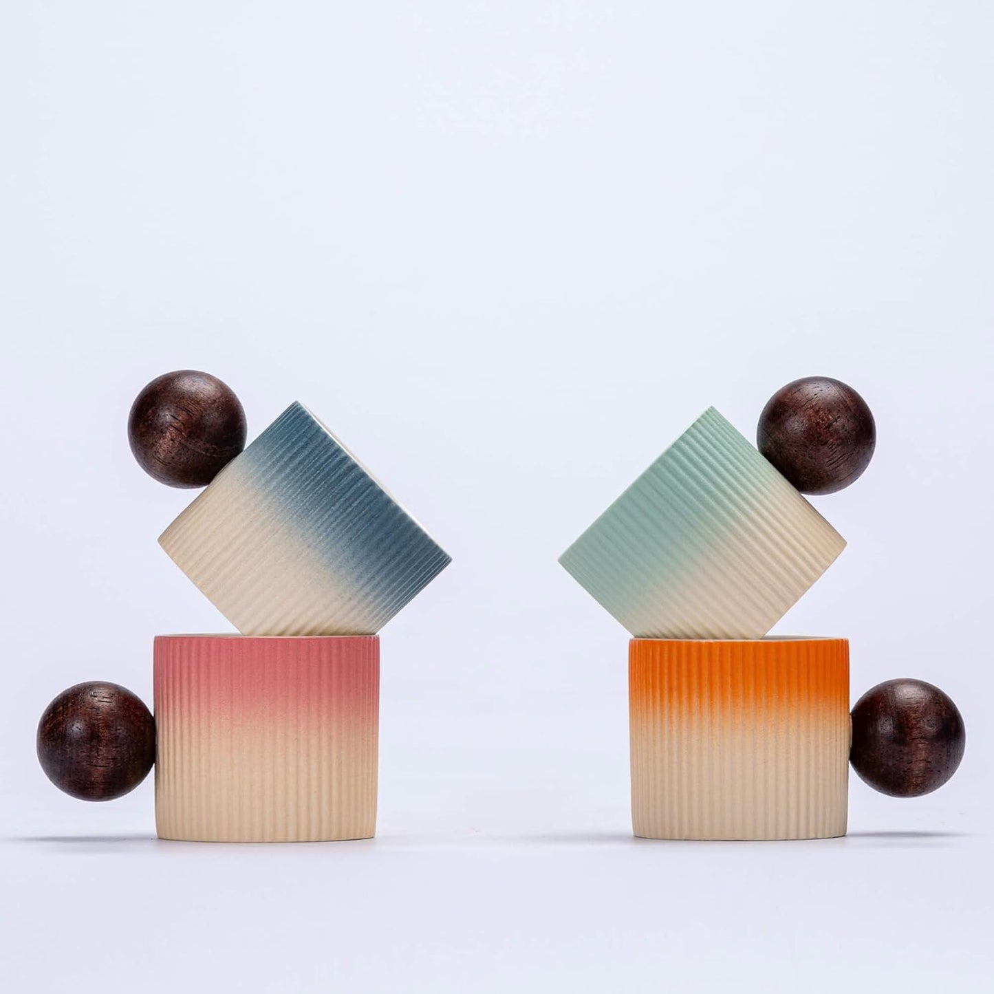 Ceramic Mini Espresso Cups Demitasse Cups with Round Wooden Handle Vertical Stripes Tea Cups (Beige&Pink, 2pcs)
