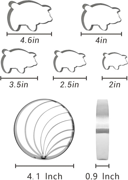 Concha Cutter Mexican bread mold with 5 sizes of pig biscuit cutting machine set, Concha Stamp double-sided mold for baking biscuits (Single sided mold+5 pigs)