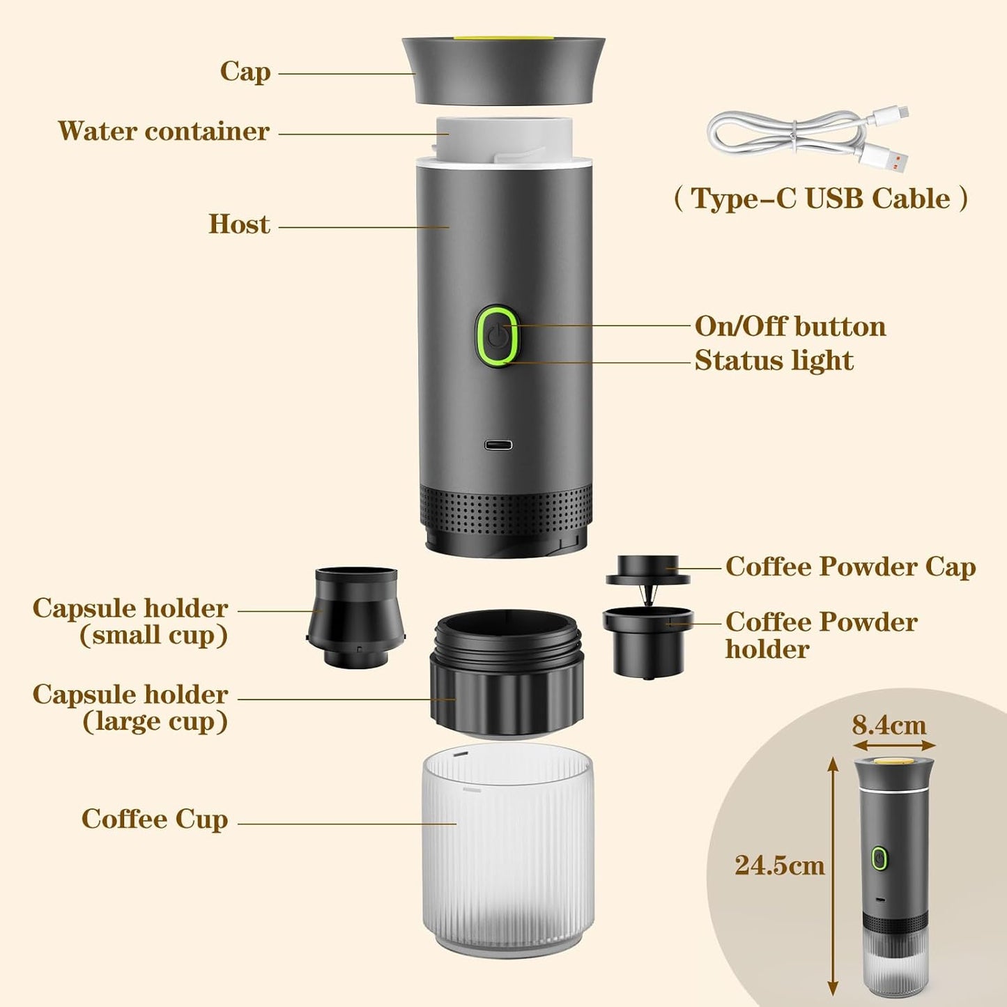 3-in-1 Portable Espresso Maker, Travel Coffee Maker, Self-Heating Car Coffee Maker with USB-C, Small Espresso Machine with Ground Coffee & Capsules (NS＆DG) for RV, Hiking, Office (grey)