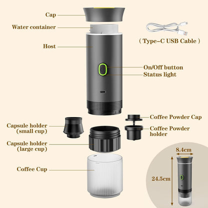 3-in-1 Portable Espresso Maker, Travel Coffee Maker, Self-Heating Car Coffee Maker with USB-C, Small Espresso Machine with Ground Coffee & Capsules (NS＆DG) for RV, Hiking, Office (grey)