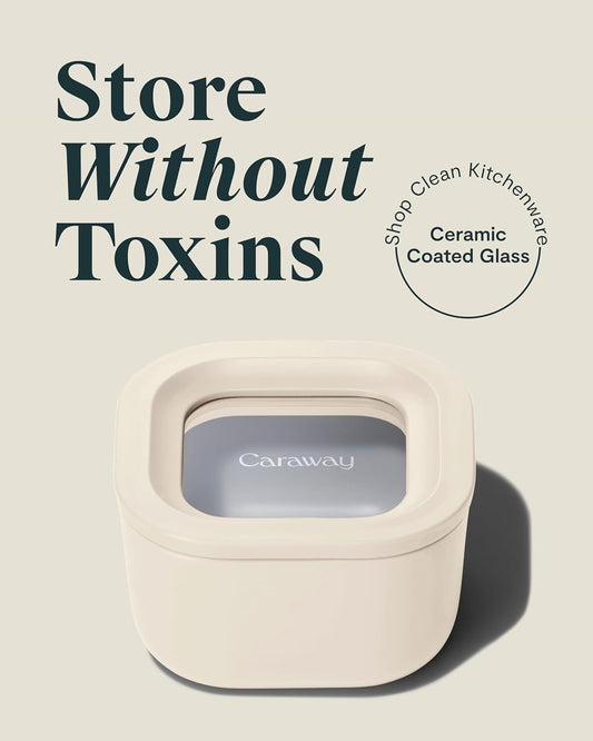 Caraway 6pc Food Storage Container Set - 1.75 Cup Glass Storage Container for Food (6) - Non-Toxic Ceramic-Coated Glass - Air Release Technology - Compact & Stackable Design - Cream