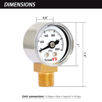 1 Inch Mini Pressure Gauge, 0-100 PSI Gauge, 1/8” NPT Lower Mount, Stainless Steel Case, Brass Internal, ±2.5% Accuracy, Pressure Gauge for Coffee Machines, Air Compressors, and Water Pumps