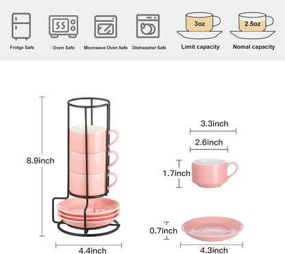 YOLIFE 2.5oz Porcelain Stackable Espresso Cups with Saucers and Metal Stand Set of 4, Stackable Cappuccino Cups, Pink Expresso Shots Cup Set for Coffee Drinks, Latte, Tea