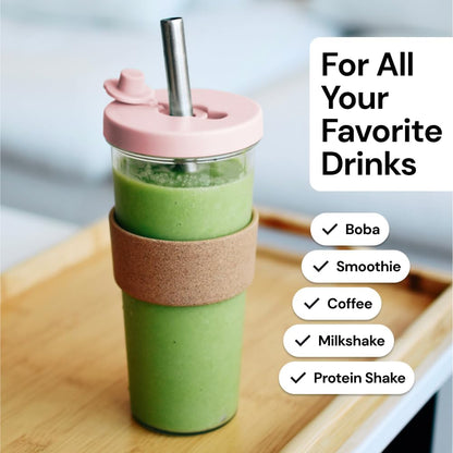 Dodoko Reusable Boba Cup with Straw - Iced Coffee & Smoothie Tumbler 24 oz - Bubble Pink