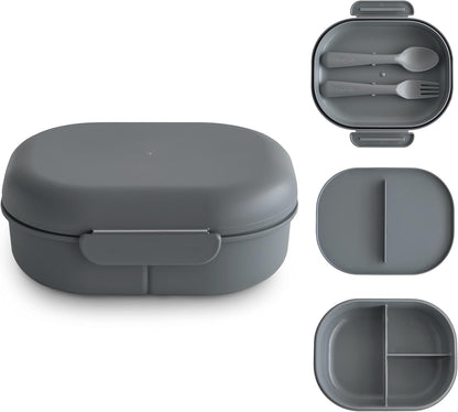 mushie Kids Bento Lunch Box | 3-Compartment & Removable Divider + Fork & Spoon Utensils | Great For Meals, School, Snacks On-the-Go | Dishwasher Safe (Smoke)