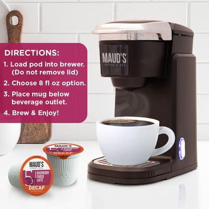 Maud's Decaf Raspberry Chocolate Flavored Coffee Pods, 18 ct, Decaffeinated Medium Roast Flavored Coffee in Recyclable Single Serve Pods – 100% Arabica Beans, Compatible with Keurig K Cups Maker