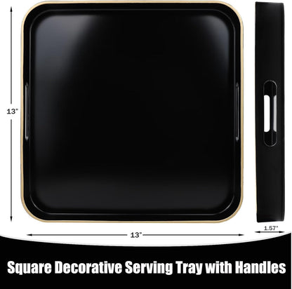 Black Square Decorative Tray with Handles, 13"*13" Versatile Serving Tray for Coffee Table, Ottoman, Ideal for Serving, Displaying, Organizing