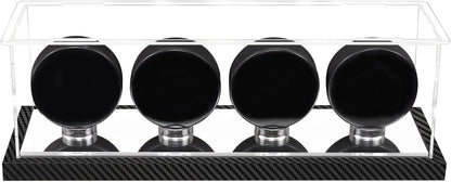 Hockey Puck Display Case for 4 Pack in one, Arcylic Puck Display Holder Stand UV Protected Dustproof Clear Display Cube Free Standing Display Cases with Carbon Fiber Skin Base and Mirror Base