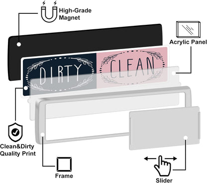 KitchenTour Clean Dirty Magnet for Dishwasher Upgrade Super Strong Magnet - Easy to Read Non-Scratch Magnetic Silver Indicator Sign with Clear, Bold & Colored Text, Pink