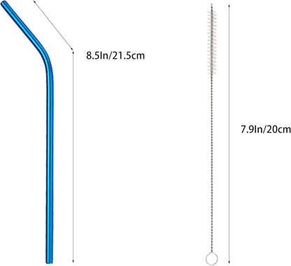10 Pcs Stainless Steel Straws, Reusable Drinking Straws, Bent Metal Straw Sets with 2 Pcs Cleaning Brushes (Blue, 8.5 Inch)