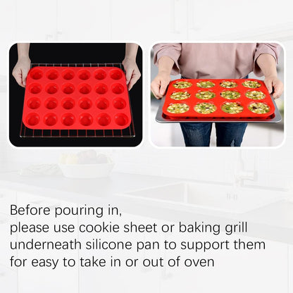 CAKETIME Silicone Muffin Pan, Mini Muffin Pan, Regular 12 Cups and Mini 24 Cups Cupcake Tin Set of 2 for Baking Egg Bites
