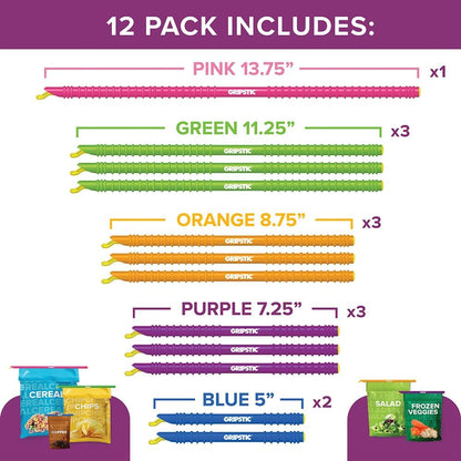 GripStic 12pc Assorted Bag Clips. Durable and reusable chip clips seal food bags air tight. Set includes: (2) 5" Blue, (3) 7.25" Purple, (3) 8.75" Orange, (3) 11.25" Green, (1) 13" Pink.