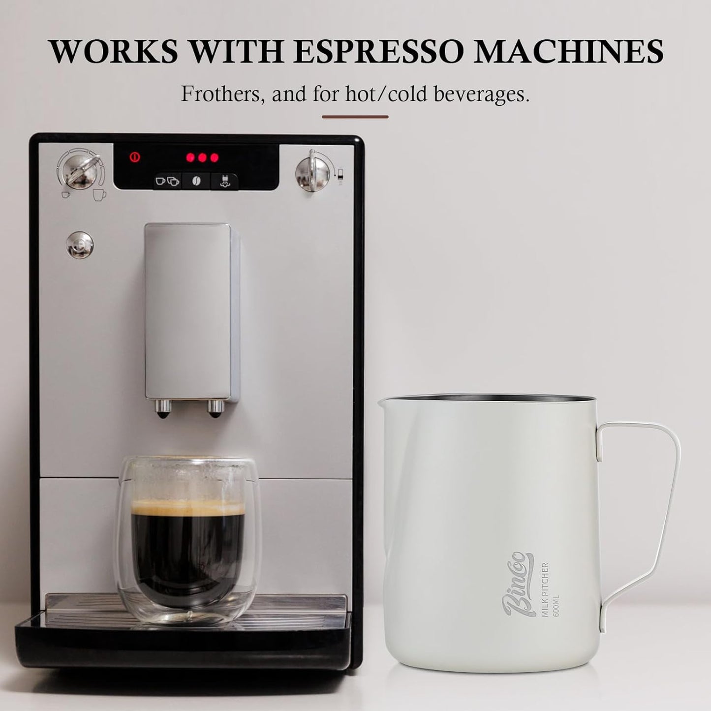 Milk Frothing Pitcher - 600ml/20oz Milk Frother Cup Espresso Steaming Pitcher for Barista, Bincoo SUS304 Stainless Steel Espresso Steaming Pitchers for Latte Art/Cappuccino/Coffee/Milk (White-600ml)