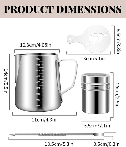 Milk Frothing Pitcher, 900ml/32oz Stainless Steel Milk Frother Cup Steaming Pitcher Espresso Machine Accessories with Decorating Art Pen, Powder Shaker, 16 PCS Coffee Decorating Stencils