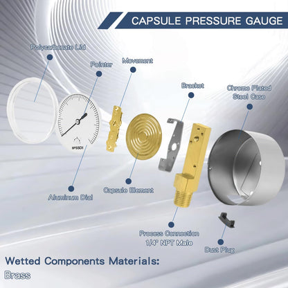 0-3 Psi Low Pressure Gauge, Capsule Gauge, 304 Stainless Steel Case, 2.5" Dial Size, 1/4" NPT Lower Mount, Zero Adjustment, for Air Water Gas Pressure Test