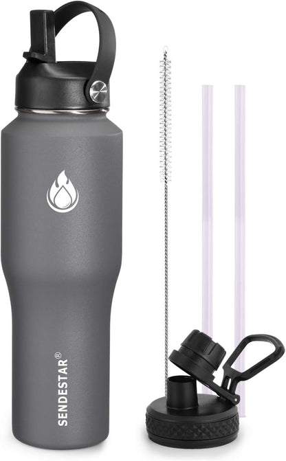 SENDESTAR Water Bottle 32oz,2 Lids(Straw lid),Wide Mouth Stainless Steel Vacuum Insulated Double Wall Keep Liquids Cold or Hot All Day,Sweat Proof Sport Design,Fit Car Cup Holder(Gray)