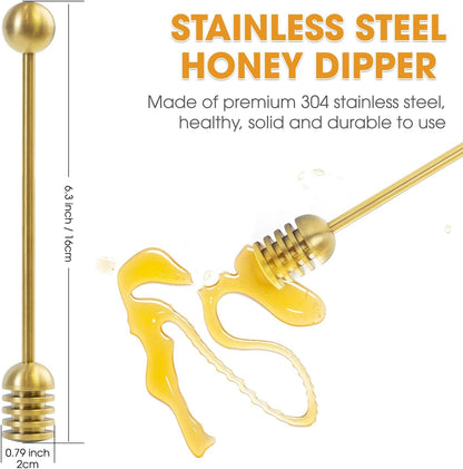 DUGATO Gold Honey Dipper Set (2 Pack, 6.3") - 304 Stainless Steel Honeycomb Sticks for Honey Pot Jar, Syrup Drizzler, Tea & Coffee Stirrer - Elegant Kitchen Utensil
