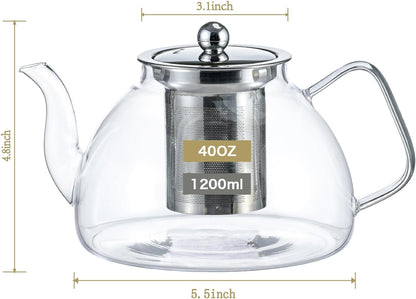 1200 ml/40 oz Glass Teapot with Infuser, Glass Tea Kettle Stovetop，Tea Pot with Infusers for Loose Tea, Tea Maker Gift