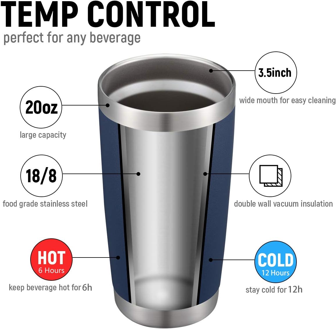 COMOOO 20oz/8Pack Double Wall Vacuum Insulated Coffee Travel Mug Stainless Steel Tumbler Bulk with Lid and Straw Durable Powder Coated Insulated Coffee Cup for Cold & Hot Drinks, Navy, 8 Pack