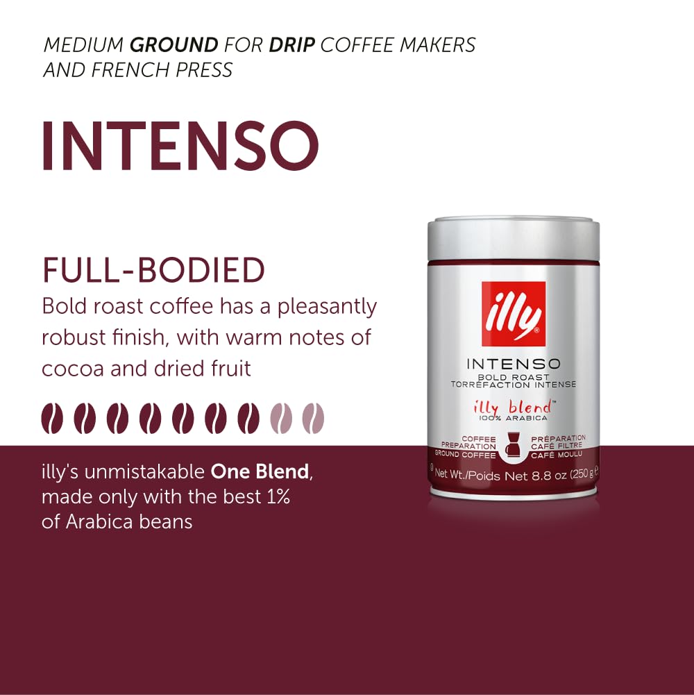 Illy Intenso Ground Drip Coffee, Bold Roast, Intense, Robust And Full Flavored With Notes Of Deep Cocoa, 100% Arabica Coffee, No Preservatives, 8.8oz (Pack Of 1)