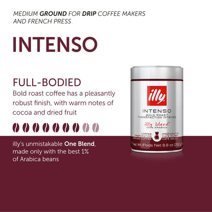 Illy Intenso Ground Drip Coffee, Bold Roast, Intense, Robust And Full Flavored With Notes Of Deep Cocoa, 100% Arabica Coffee, No Preservatives, 8.8oz (Pack Of 1)