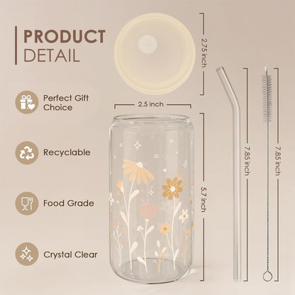 SANDJEST Flower Glass Can, Floral Cup with Lid & Straw, Iced Coffee Aesthetic Cups, Idea Gift for Christmas Birthday Mother Day, Gifts for Women, 16oz
