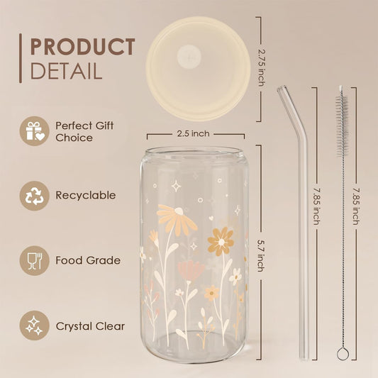 SANDJEST Flower Glass Can, Floral Cup with Lid & Straw, Iced Coffee Aesthetic Cups, Idea Gift for Christmas Birthday Mother Day, Gifts for Women, 16oz