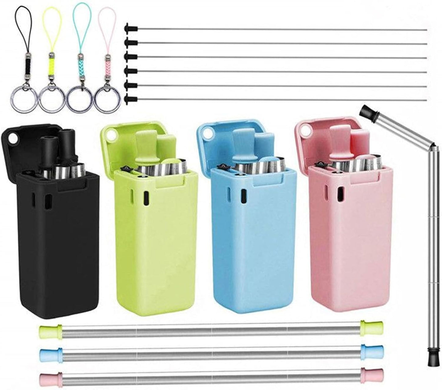 Foldable Straw with Storage Box, Reusable Folding Stainless Steel Straw, Portable Collapsible Set with Silicone Tip and Cleaner Brush for Travel Home Work (pink)