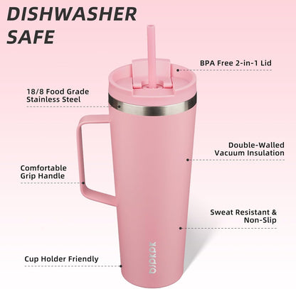 BJPKPK Insulated Tumbler with Handle, 26oz Insulated Tumblers with Lid and Straw, Stainless Steel Metal Water Bottles, Coffee Travel Mugs, Cups, Light Pink