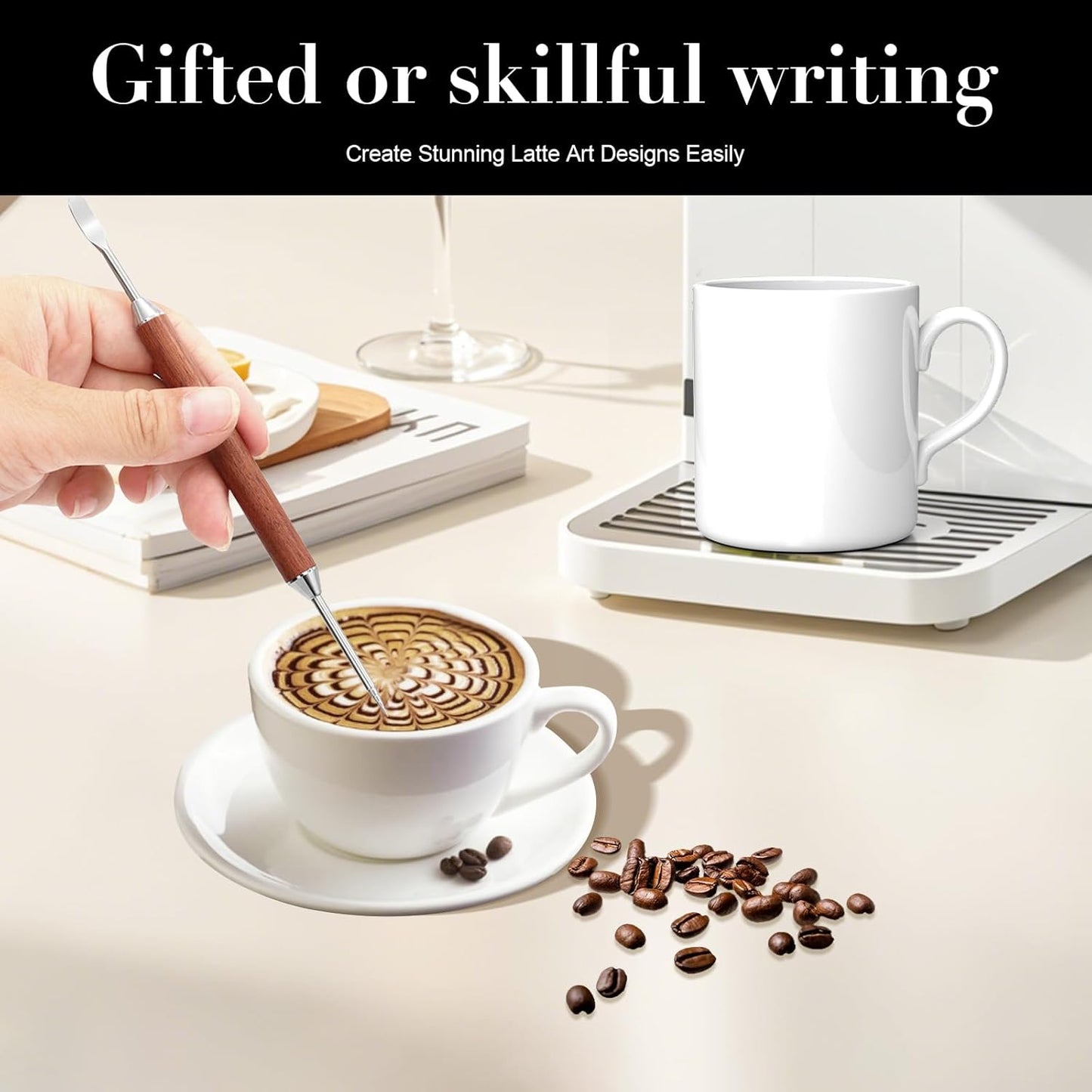 2-Pack Latte Art Pen Set, Stainless Steel Coffee Drawing Tool with Wood Handle, Double-Ended Barista Accessories for Creating Professional Espresso Tools, Home & Travel & Cafe Use