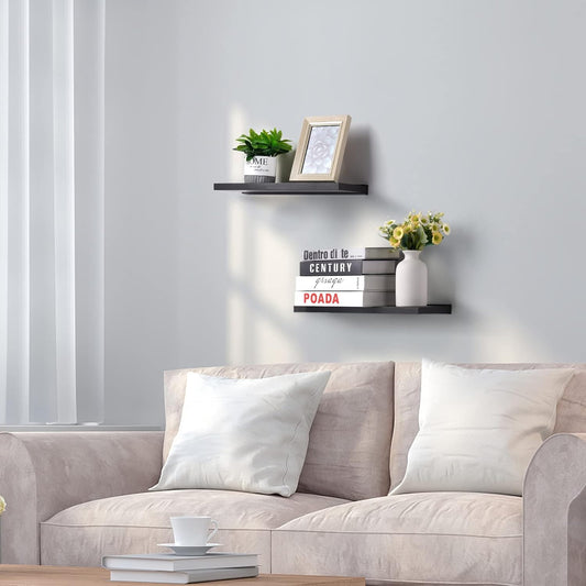 Meangood Floating Shelves Black 17 inch Wall Mounted Natural Bamboo Wood Wall Storage Shelves for Bedroom,Living Room,Bathroom, Kitchen（Set of 2）