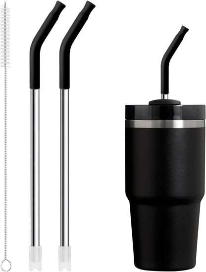 Snowfall 2 Pcs Replacement Metal Straws for Stanley 14 OZ, 20 OZ Tumbler, Stainless Steel Straws with Silicone Tip for 20 OZ Tumbler, Straw Brush (Black)