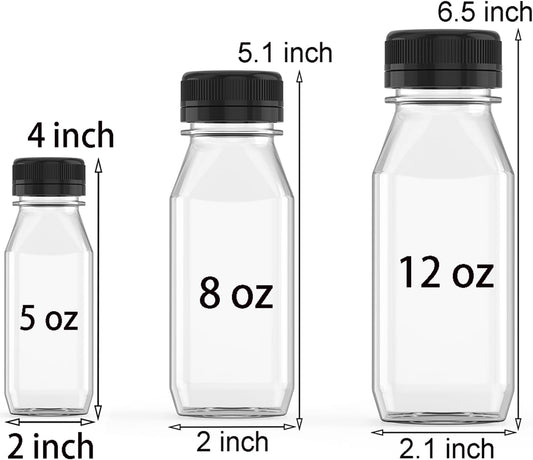 10 Pcs 8 oz Plastic Juice Bottle Reusable Transparent Bulk Beverage Containers with Black Lids for Juice, Drinking Milkshake Tea, Milk, Juicing Smoothie Water and Other Beverages, Fridge Storage