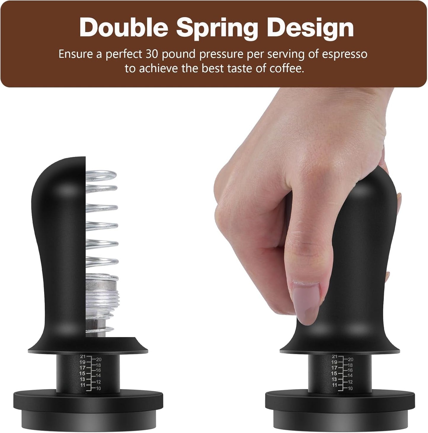PUSEE 58.5mm Espresso Coffee Tamper with Double Spring Calibrated, Handle Tamper 30lbs Pressure with Titanium Coating Stainless Steel Ripple for Espresso Machine Accessories 58.5mm Tamper, Black
