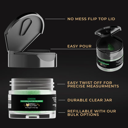 Brew Glitter Green Edible Drink Glitter 1x 4g Jar for Cocktails, Beer, & Beverages