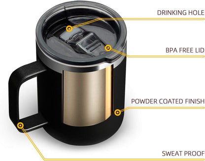 ALOUFEA 12oz Stainless Steel Insulated Coffee Mug with Handle, Double Wall Vacuum Travel Mug, Tumbler Cup with Sliding Lid, Black