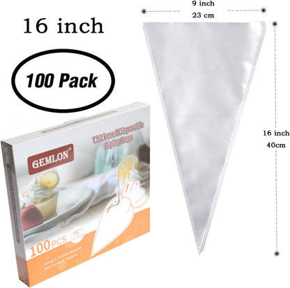 GEMLON 16 Inch Disposable Piping Bags with Pull-Out Dispenser Box - 100 Pack Large Pastry Bags for Cake Decorating, Anti-Burst Plastic Icing Bags for Frosting, Chocolate, Cookie Decorating Supplies