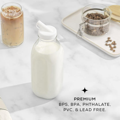 JoyJolt Glass Milk Bottles with Lids and Pourer – 32 Oz, 3 Pack Airtight Heavy Duty Reusable Glass Bottles, Leakproof, BPA-Free, Food Grade, Dishwasher Safe Jug, Pitcher for Milk, Juice, and Water