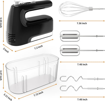CBQ Hand Mixer Electric, 5-Speed 400W Powerful Motor, Hand Mixer Electric Handheld with Storage Case, Turbo Boost and 5x Accessories, Flat Beaters, Dough Hooks, Whisk (Black)
